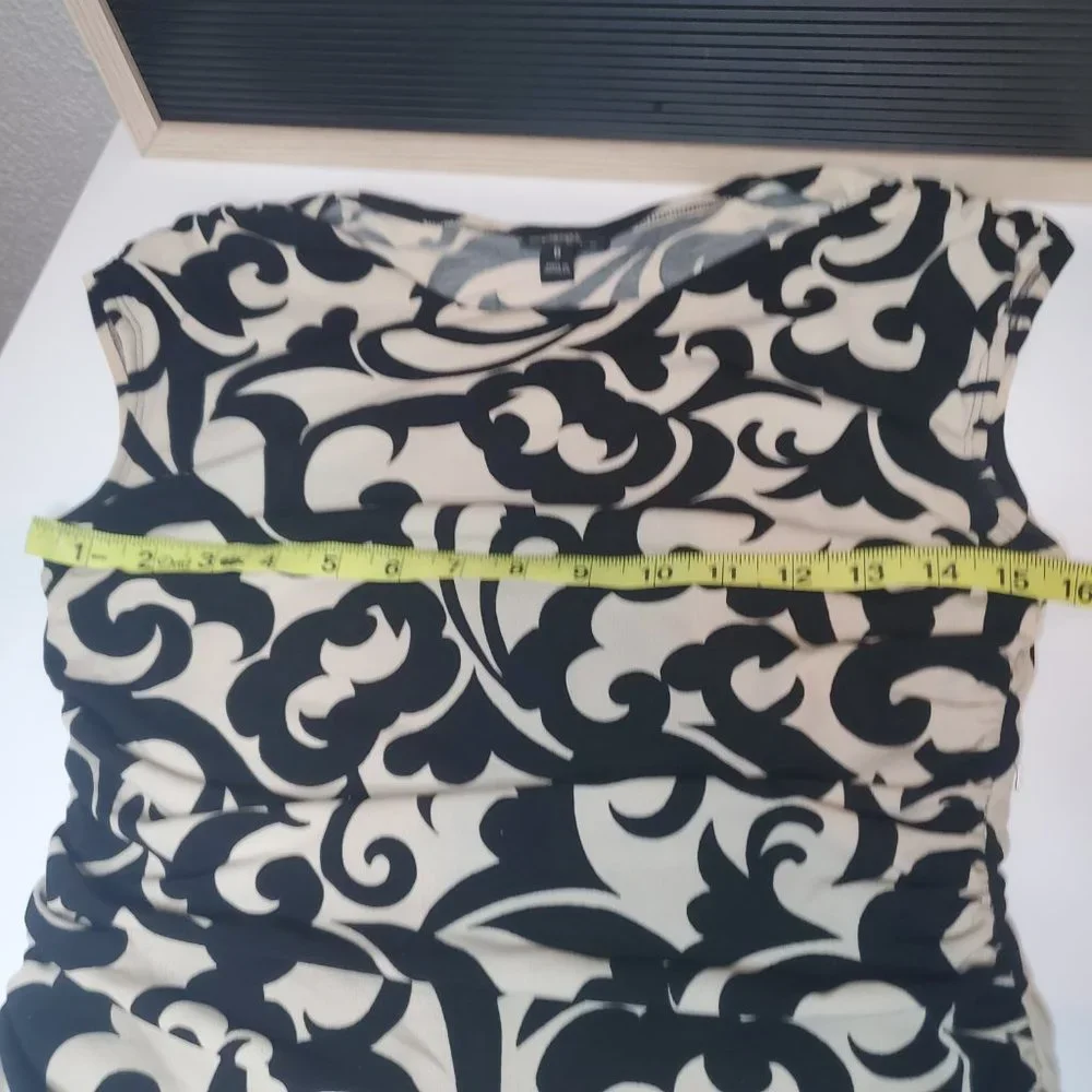 Enfocus Studio I Cream/Black Vine Patterned A-Line Scoop Neck Ruched Dre… - Picture 12 of 14